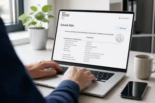 Person at an office desk using a laptop to request an extrait Kbis online, with a digital document displayed on the screen in a well-lit, modern workspace.