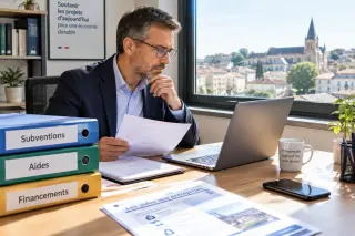 Small business owner in a modern office, sitting at desk with laptop and documents about regional grants, concentrating on administrative research.