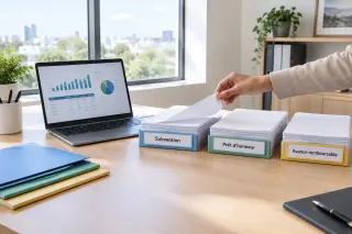 Bureau moderne avec ordinateur, trois piles de dossiers marquées subvention, prêt d'honneur, avance remboursable, une main prend une feuille, lumière naturelle, ambiance professionnelle.